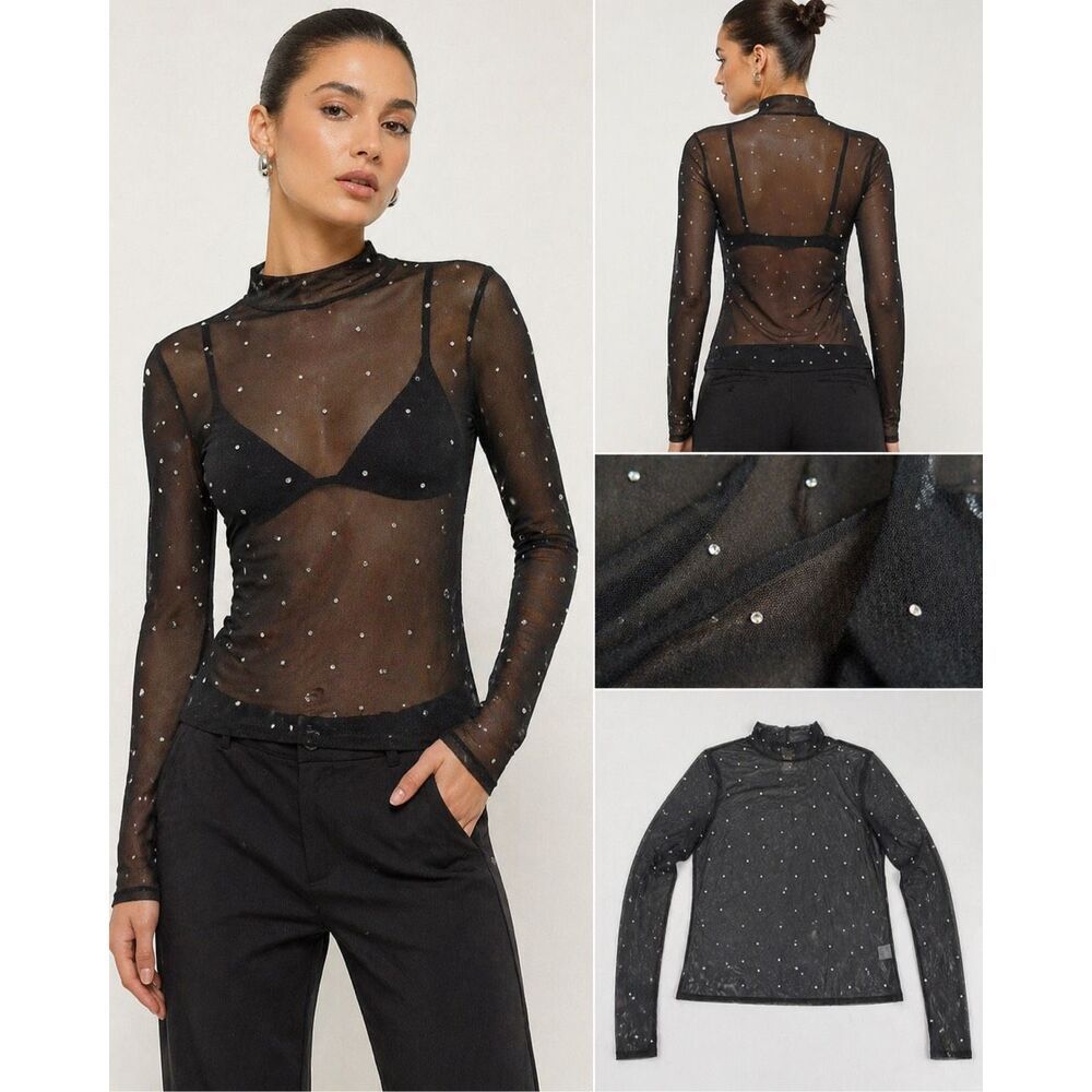 H&M Womens Sheer Mesh Boho Top Black Rhinestone Long Sleeve Mock Neck Size M